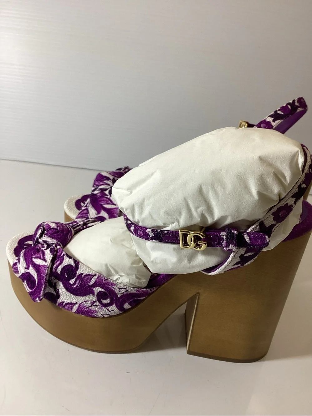 Dolce & Gabbana Purple Floral Platform Sandal with Wood Block Heel